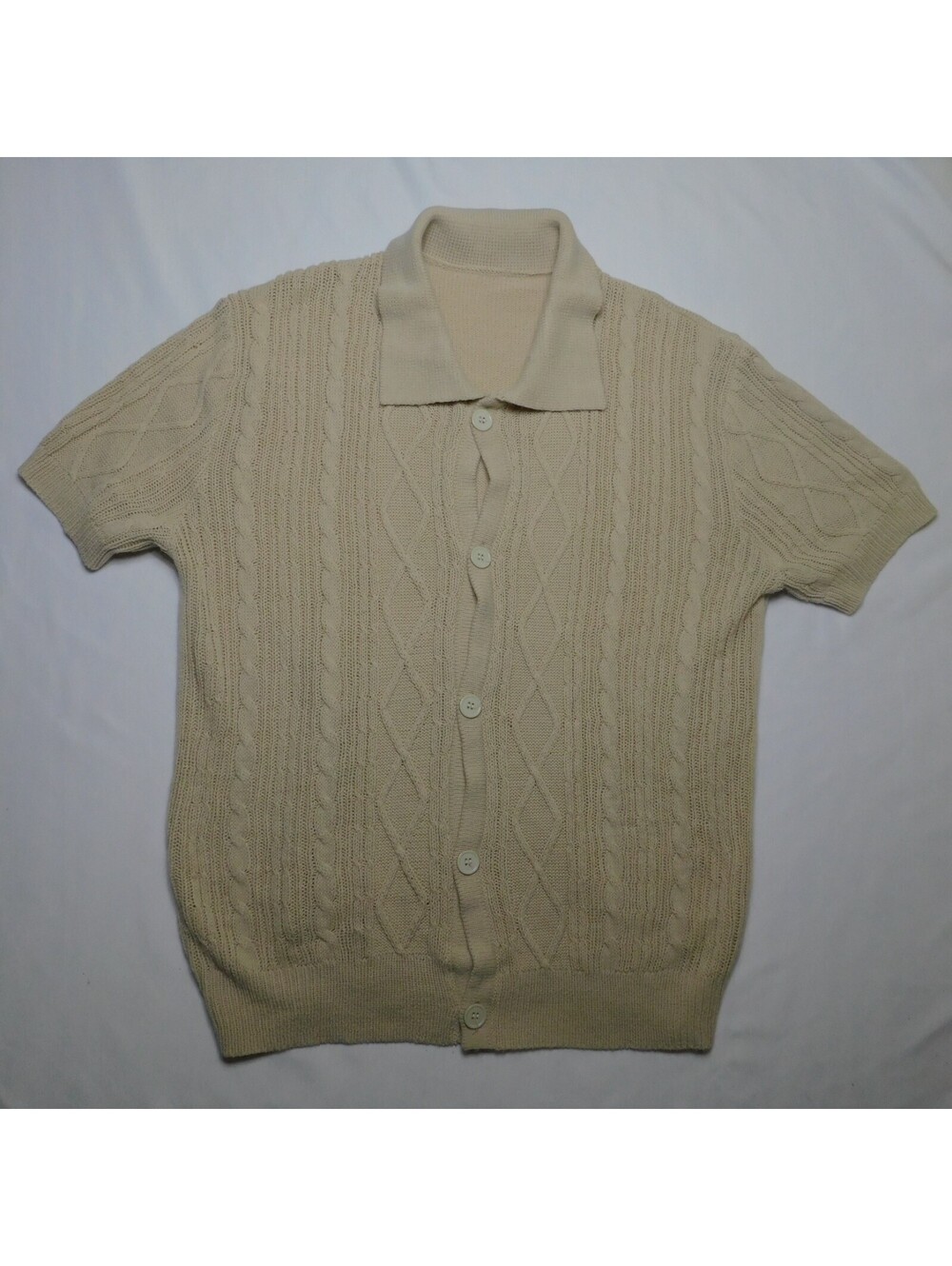Manfinity SHEIN Cable Knit Polo Shirt Mens XL Beige Button Up Short Sleeve
